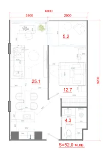 1 bedroom, 54,0 м²